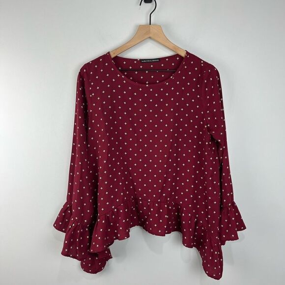 Harlowe and Graham Maroon Printer Ruffle Hem Blouse M - Picture 1 of 7